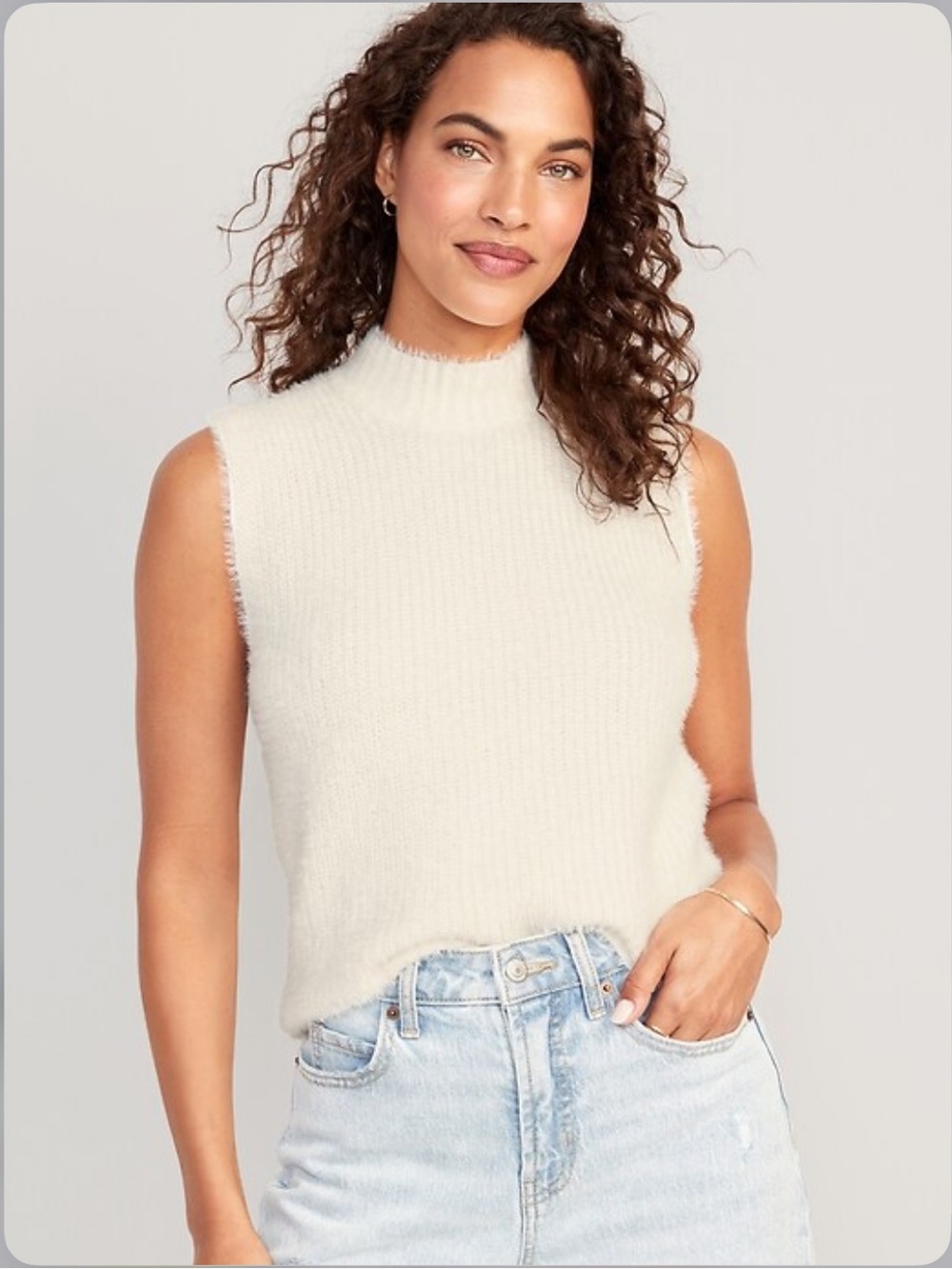 Old Navy Cream Eyelash Knit Mock Neck Sweater Vest